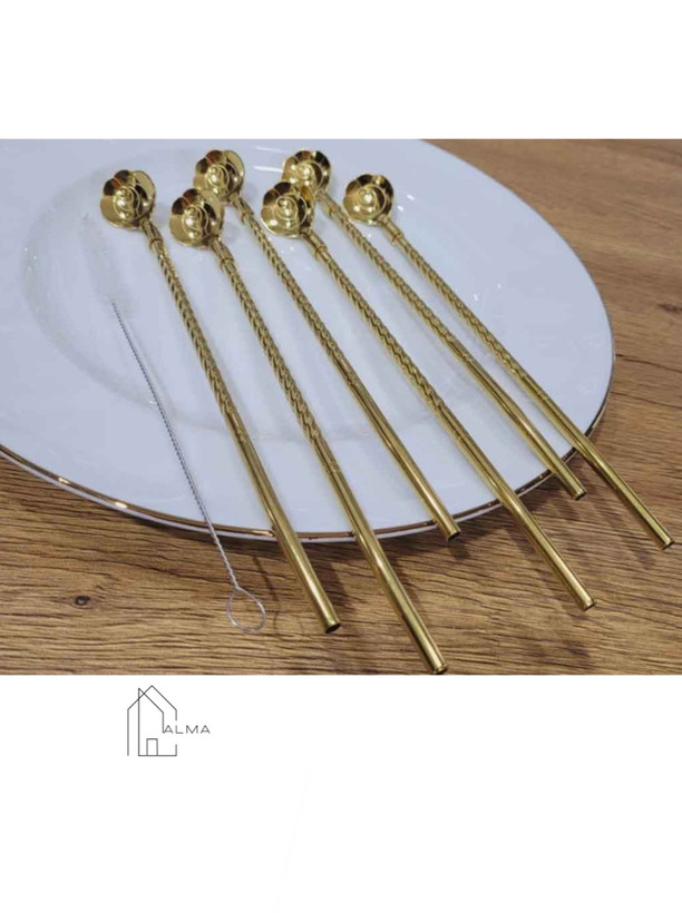 نی شربت قاشق دار استیل طرح گل یونیک
